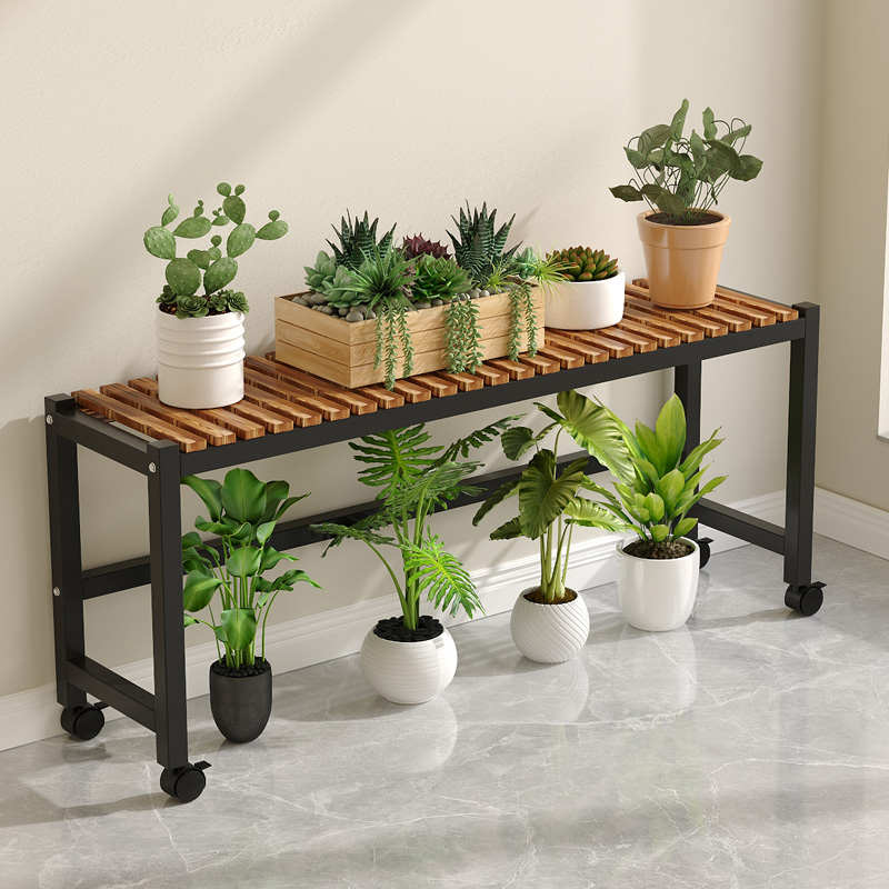 阳台花架置物架实木长条移动带轮防腐木室内户外落地绿萝花盆架子