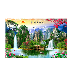 山水画墙贴流水生财风景画装饰客厅壁画背景墙纸3d立体自粘贴纸画