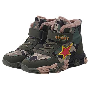 男童鞋子2025新款防水高帮男孩秋冬加绒款儿童迷彩靴子中大童短靴
