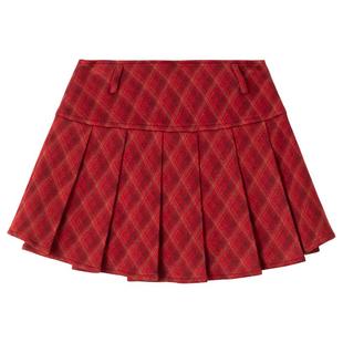 KEIKO 红色磨毛格纹百褶半身裙2026春季美式复古显瘦高腰A字短裙