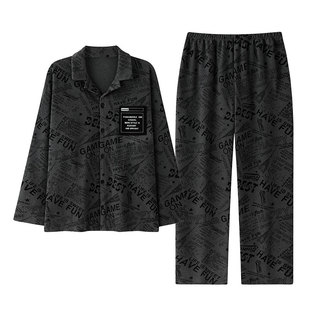 蕉晚冬季保暖德绒睡衣男士秋冬开衫翻领长袖长裤加大码家居服套装