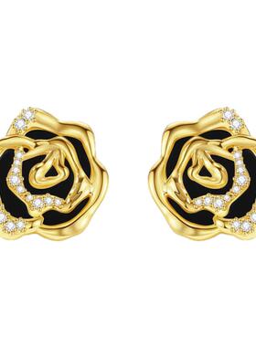 OOAK界格2025玫瑰诗人绽放玫瑰半宝石简约黑玛瑙耳钉耳夹女