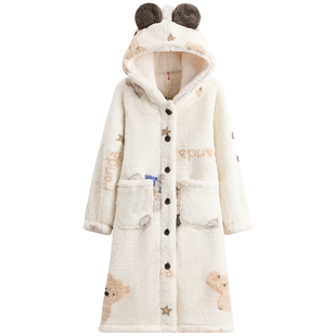 芬腾珊瑚绒女士睡袍秋冬季加厚连帽睡衣新款保暖法兰绒家居服浴袍