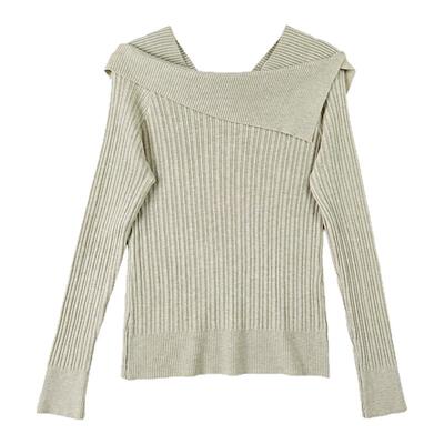 卡其色一字肩长袖针织衫女设计感