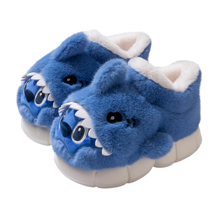 可爱鲨鱼棉拖鞋男款包跟2025新款室内家居保暖毛拖鞋冬季棉鞋男士