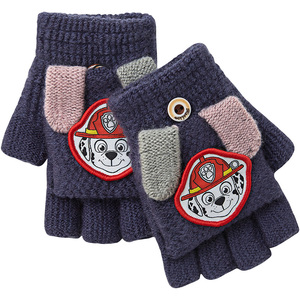 汪汪队儿童半指手套毛线针织五指翻盖男女孩漏指写字冬季加厚保暖