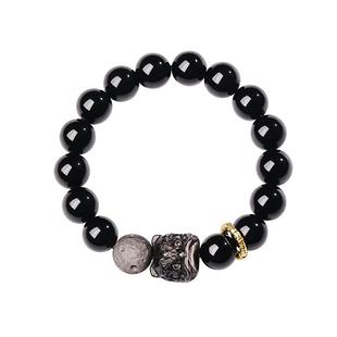 宫里上新黑曜石手串男款天然水晶醒狮手链黑色串珠生日礼物送男友