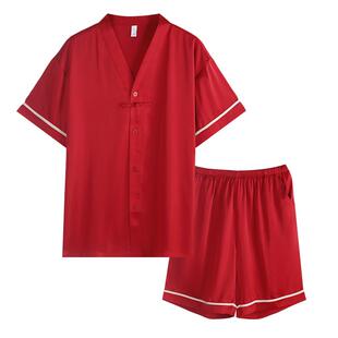 轩靓情侣新中式国风睡衣女夏季薄款冰丝绸短袖红色结婚男士家居服