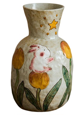 景德镇陶瓷兔子桌面郁金香花瓶可爱摆件水养插花客厅家居装饰品