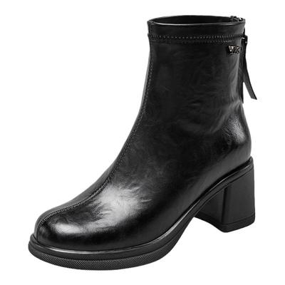 YRC粗跟靴子女短靴冬季新款黑色弹力靴高跟气质方头切尔西靴