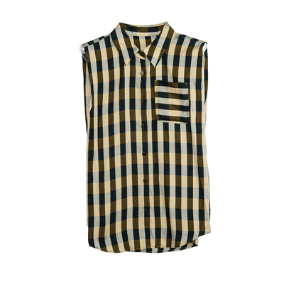 谜底格纹衬衫无袖女2025夏季新款复古文艺翻领百搭衬衣256MC6272