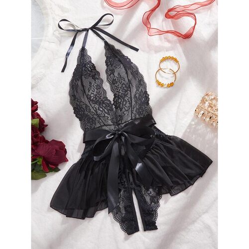 R 46250 Lace Hollow Out Tie Bodysuit 性感连体衣 跨境欧美