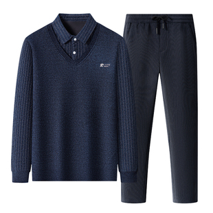 新款爸爸冬季套装加绒加厚中年男士保暖毛衣中老年男装裤子两件套
