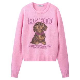 Mardi卡通小狗图案圆领毛衣春季新款短款休闲时尚百搭上衣针织衫