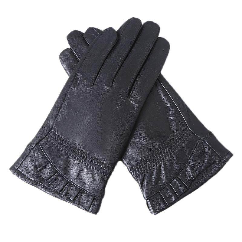 真皮手套女士羊皮手套骑车冬季保暖加绒骑行电动车触屏皮手套薄款