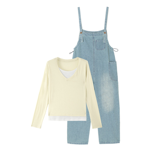 ellieluke孕妇裤新款春秋款孕期时尚大码穿搭牛仔阔腿背带裤春装