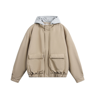 美式连帽假两件短款工装夹克棉服男2025新款冬季加厚保暖棉衣外套