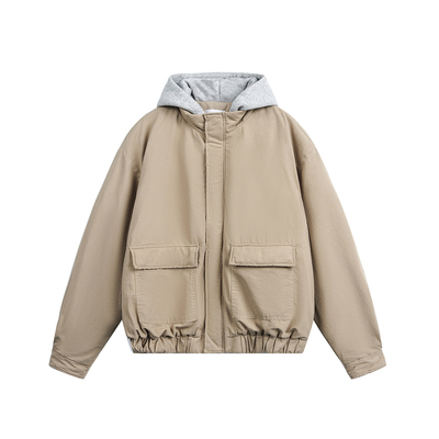 美式连帽假两件短款工装夹克棉服男2025新款冬季加厚保暖棉衣外套