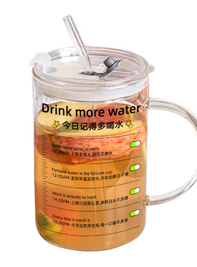 大容量刻度玻璃吸管杯子带盖办公室创意水杯家用牛奶杯茶杯耐高温