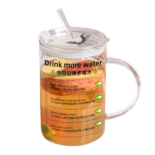 大容量刻度玻璃吸管杯子带盖办公室创意水杯家用牛奶杯茶杯耐高温