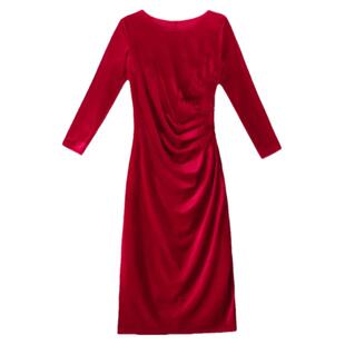 黑色气质金丝绒晚礼服圆领复古长款连衣裙修身显瘦大码侧开叉旗袍