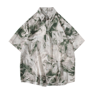 悟空有货夏季潮牌扎染渐变短袖衬衫男女宽松情侣冰丝速干休闲衬衣