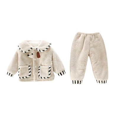 男童珊瑚绒家居服套装秋冬三层夹棉加厚保暖小狗卡通可外穿睡衣