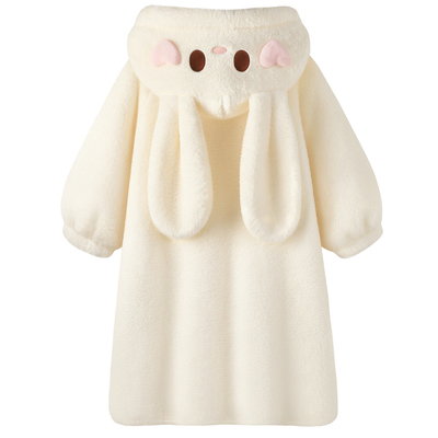 睡衣冬加厚珊瑚绒连帽小兔睡袍