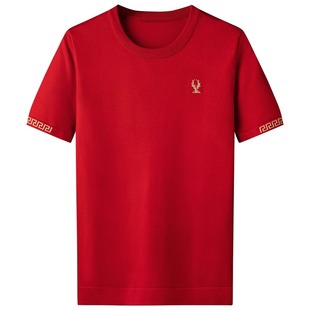 保罗高档红色针织衫男短袖t恤秋冬男士毛衣厚款宽松体恤打底衫潮T