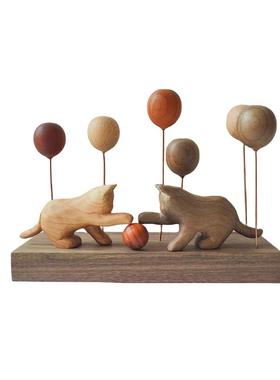 原木风猫元素气球木雕猫咪木制品手作礼物品车载装饰桌面木质摆件