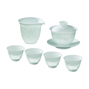 景德镇官方陶瓷影青白瓷三才盖碗三件套泡茶专用喝茶茶具家用套装