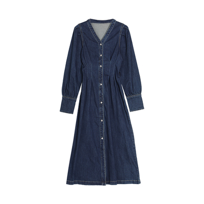 西町村屋法式复古长袖牛仔连衣裙