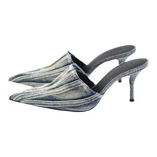 BLOCCO5女鞋春夏浅口尖头女单鞋休闲牛仔布细高跟穆勒鞋