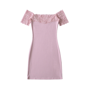 YoungGirlDay  纯欲氛围感性感一字肩蕾丝拼接修身包臀连衣裙短裙