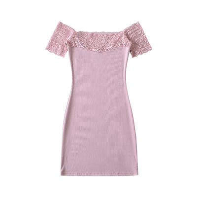 性感一字肩蕾丝拼接包臀连衣裙