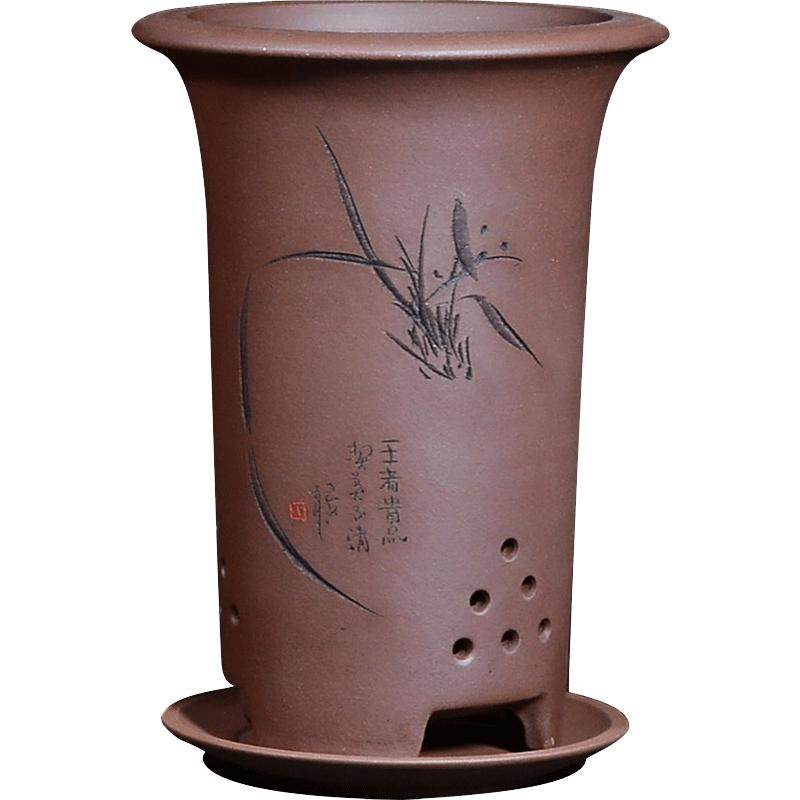 直口紫砂兰花花盆陶瓷宜兴纯手工