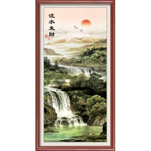 中式流水生财聚宝盆风水画玄关山水画竖版风水靠山招财挂画装饰画