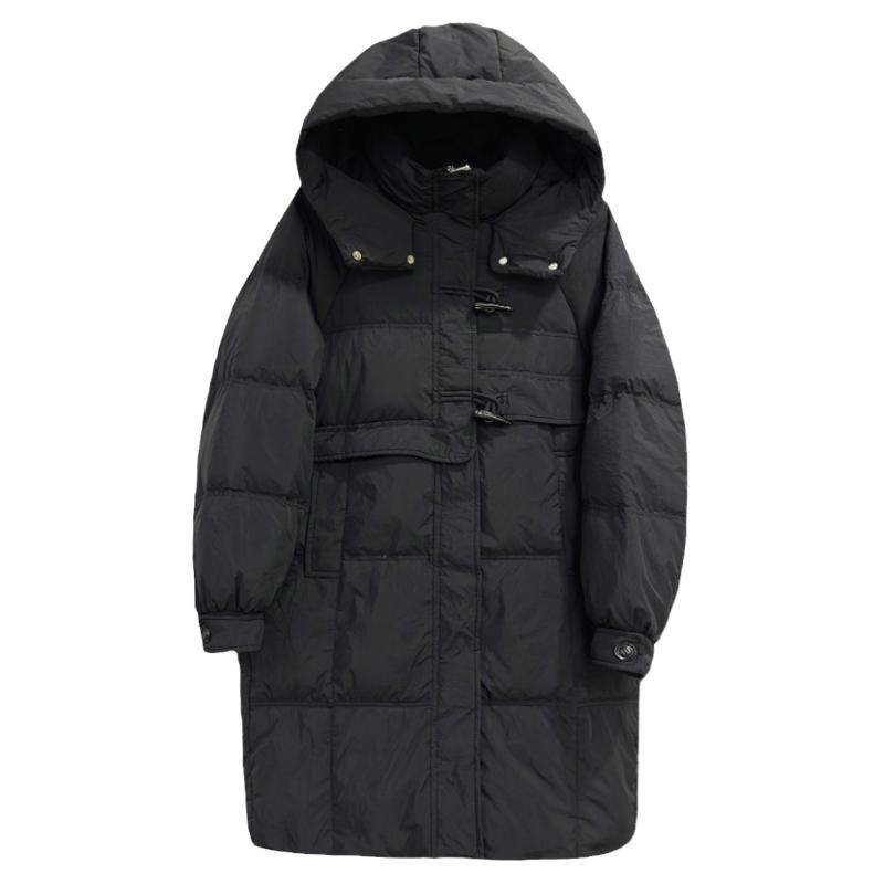 牛角扣羽绒服女2024年冬季新款中长款韩版宽松白鸭绒外套反季清仓