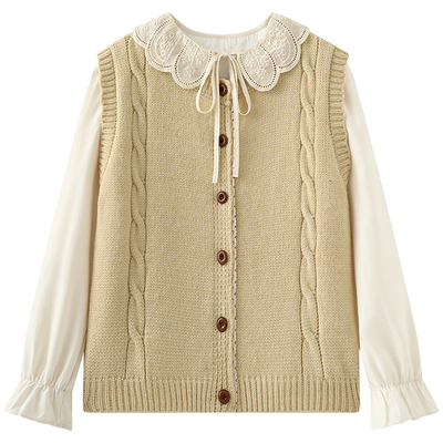 慕兔复古针织马甲叠穿衬衫套装