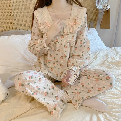 taobao agent Cute autumn demi-season lace pijama, square neckline, long sleeve, 2023 collection