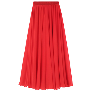 720度双层雪纺大摆裙 复古沙滩半身裙松紧高腰红色洋气舞蹈演出裙