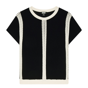 DKNY唐可娜儿春夏短袖针织衫T恤女撞色圆领上衣简约绞花显瘦休闲