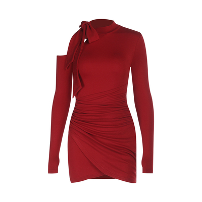 圣诞红蝴蝶结收腰包臀连衣裙