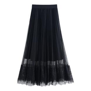 新款松紧高腰纱裙垂感网纱百褶半身裙仙女裙长裙夏季中长款纱裙
