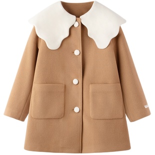 香草奶油领口毛呢大衣女童秋冬加棉加厚女孩子洋气呢子中长款外套