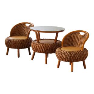 阳台小矮藤椅三件套简约藤条编织靠背椅茶几圆形藤编老人休闲座椅