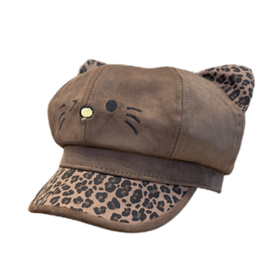 甜美可爱猫耳朵豹纹麂皮绒贝雷帽女秋冬季保暖百搭报童帽八角帽子