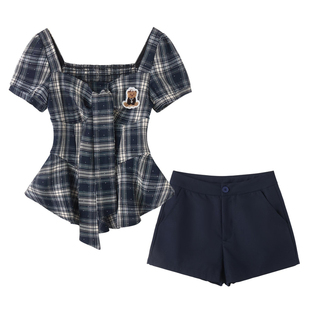 织物猪 夏末回忆 学院风格纹烫钻方领上衣女夏季蓝色短袖衬衫套装