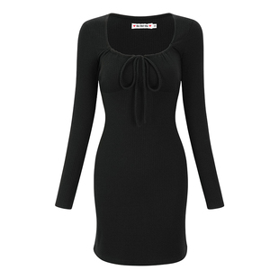 Go Girl Go 自制欧美风修身款镂空系带方领长袖连衣裙包臀短裙