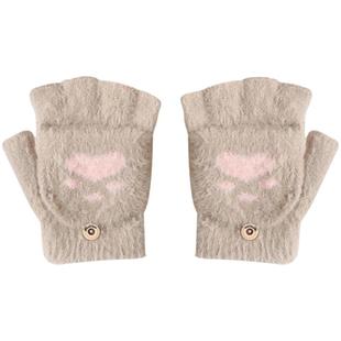 翻盖露指猫爪手套女冬季小巧保暖白粉色学生潮写字骑行可爱针织韩